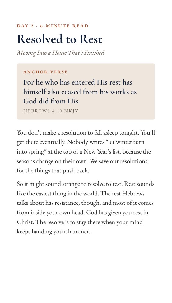 Sample page: the opening of Day 2, Resolved to Rest, with its anchor verse